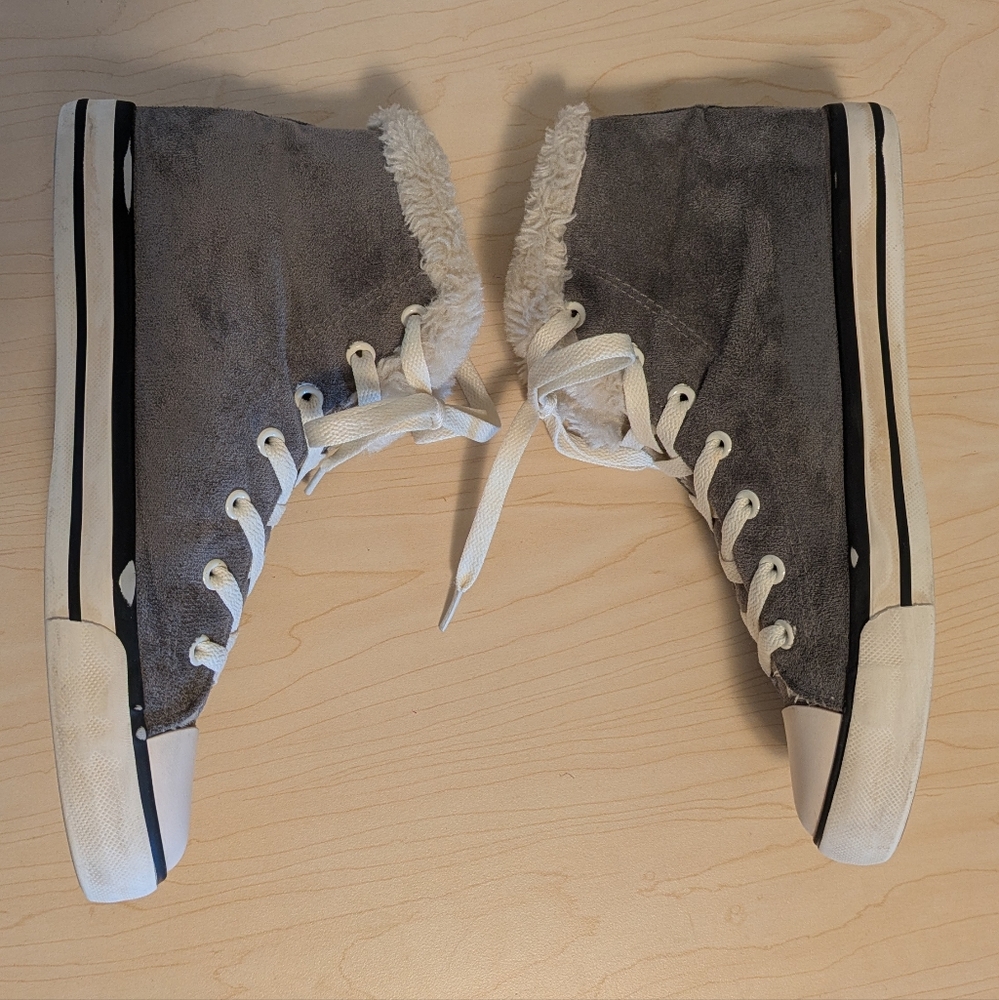 Women's Gray High-Top Sneakers with Faux Fur Lining - Picture 6 of 9